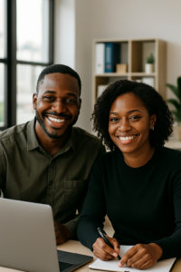 Deux collègues béninois souriants travaillant dans un bureau moderne à Cotonou