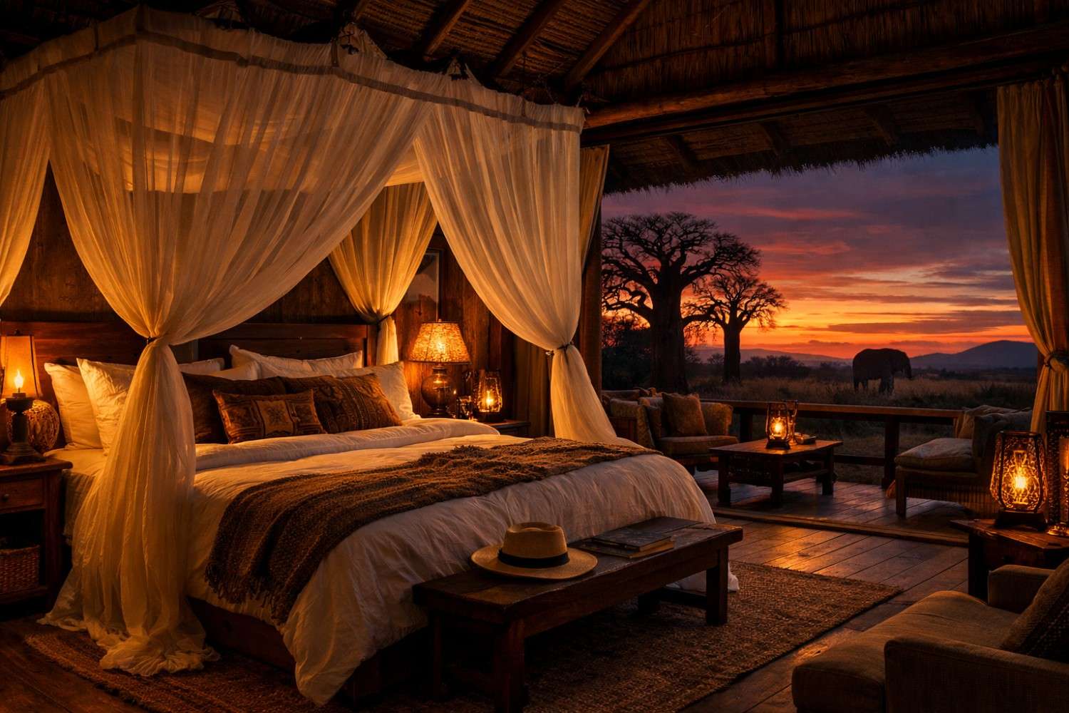 Intérieur d'une chambre luxueuse dans un lodge safari au Bénin au coucher du soleil, vue sur la savane