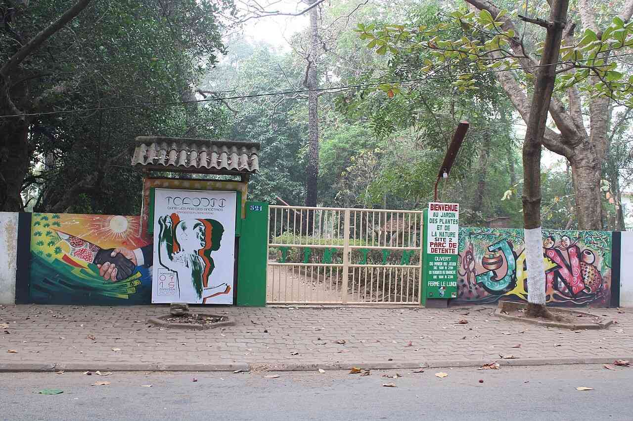 Allée verdoyante du Jardin des Plantes et de la Nature (JPN) à Porto-Novo, ancienne forêt sacrée