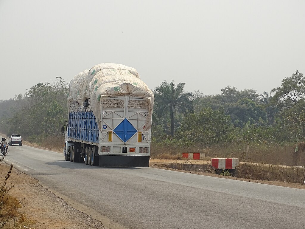 Flotte de camions gros porteurs transportant des marchandises sur l'axe routier stratégique Parakou-Cotonou, hub logistique du Bénin