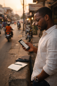 Entrepreneur utilisant son téléphone à Cotonou pour développer une activité et travailler au Bénin