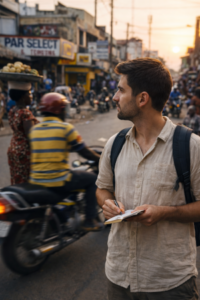 Voyager au Bénin à Cotonou avec un touriste découvrant la vie locale dans une rue animée