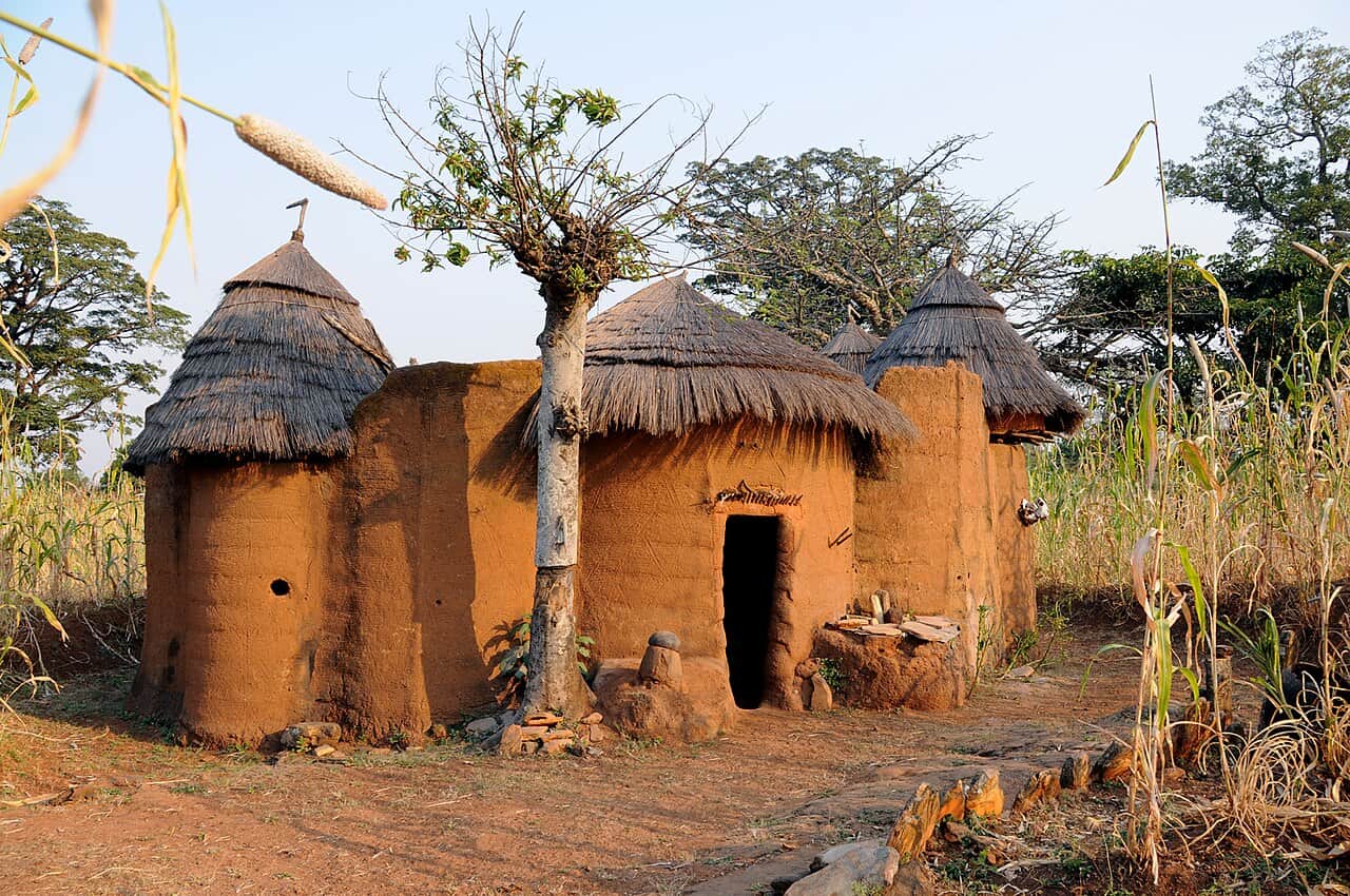 Concession traditionnelle tata somba à Koussoukoingou, cases en banco à toits de chaume conique, entourée de champs de céréales.